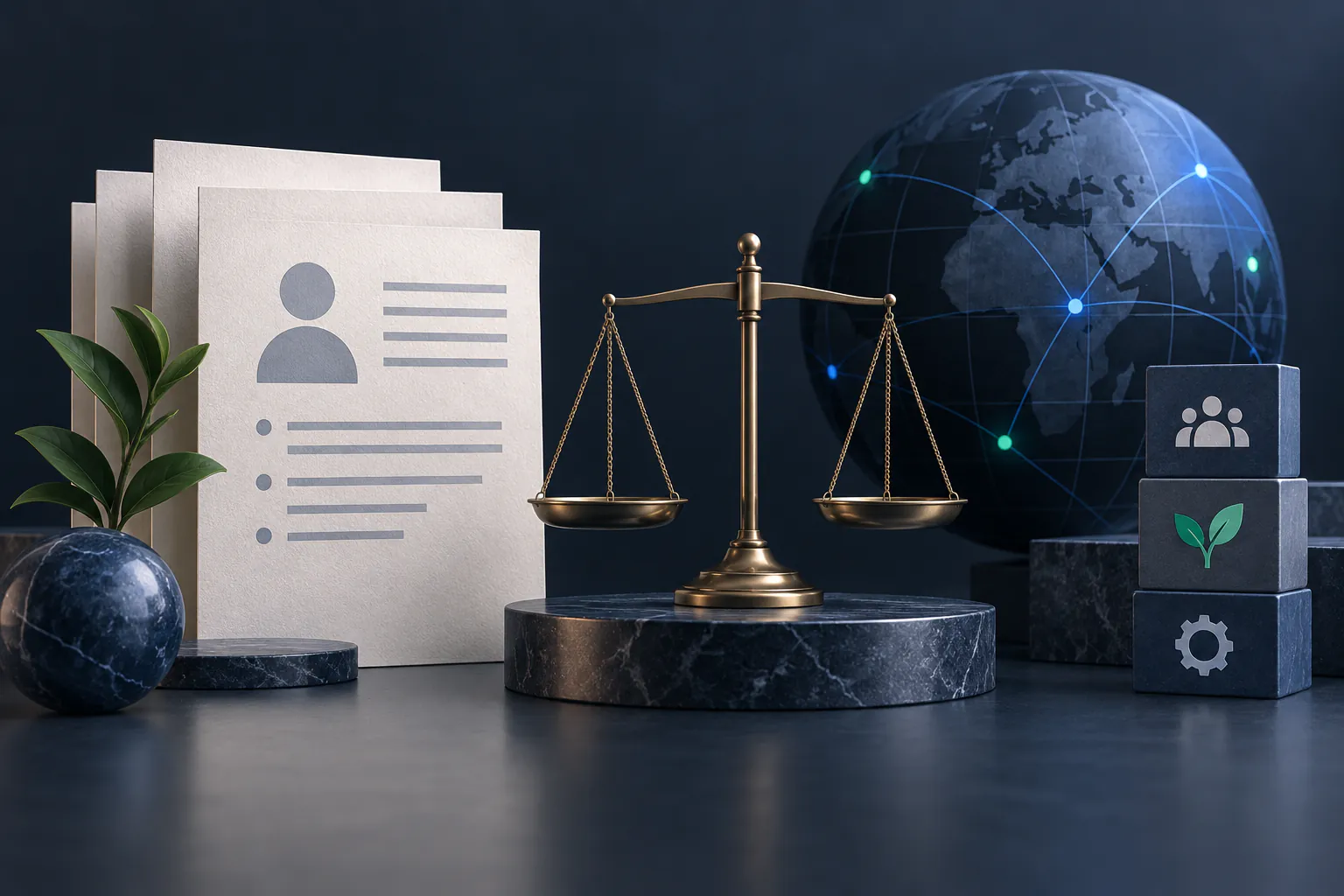 Editorial illustration of documents, balanced scales, and a connected globe representing data regulation.