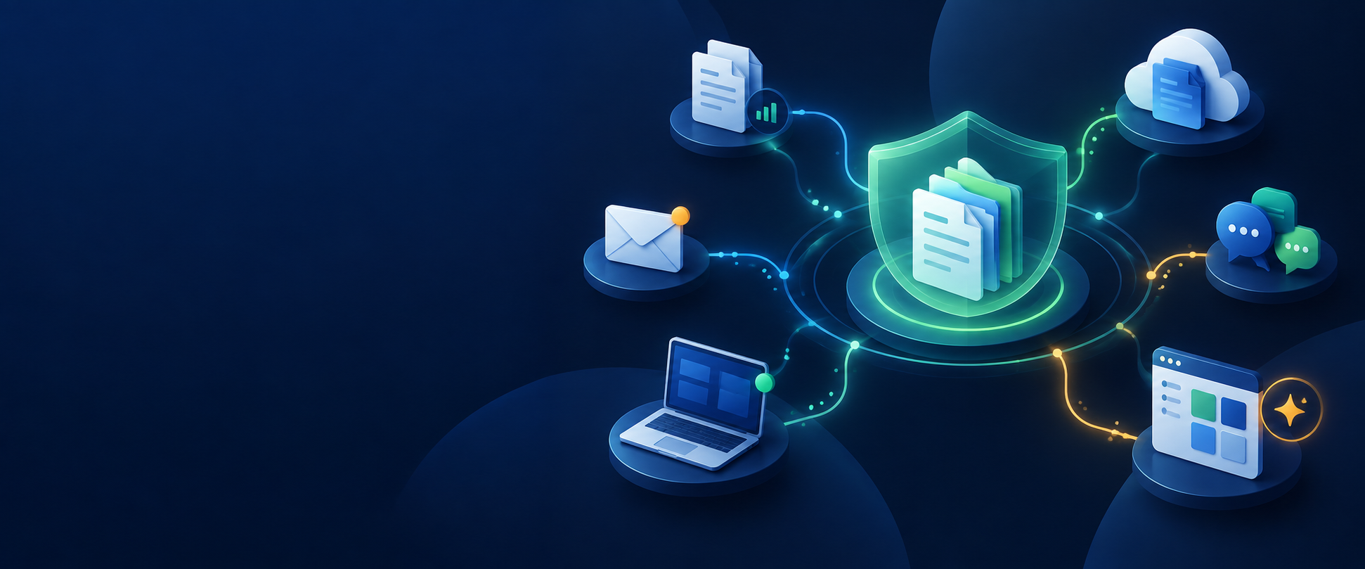 Sensitive data connected across email, files, collaboration, devices, applications, and AI with a central protection shield